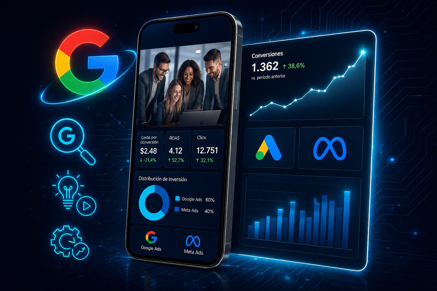 Publicidad digital en Google Ads y Meta Ads con métricas en crecimiento